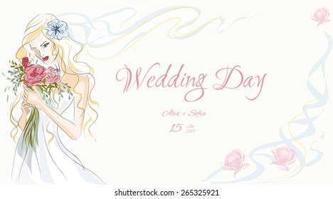 Wedding Day invitation with beautiful fiancee hand drawn illustration