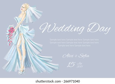 Wedding Day invitation with beautiful fiancee hand drawn illustration