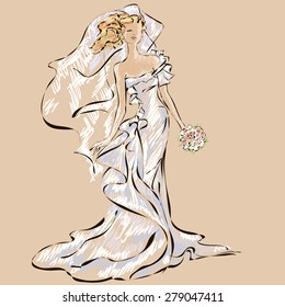 Wedding Day invitation with beautiful fiancee hand drawn illustration
