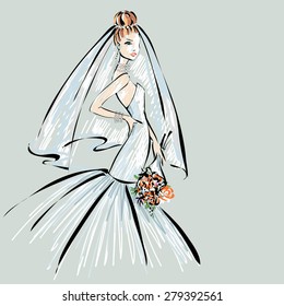 Wedding Day invitation with beautiful fiancee hand drawn illustration