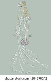 Wedding Day invitation with beautiful fiancee hand drawn illustration