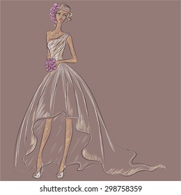Wedding Day invitation with beautiful fiancee hand drawn illustration