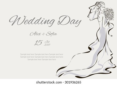 Wedding Day invitation with beautiful fiancee hand drawn illustration