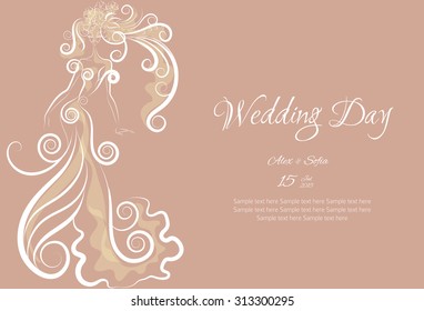 Wedding Day invitation with beautiful fiancee hand drawn illustration