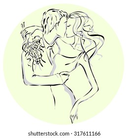Wedding Day invitation with bride and groom, hand drawn vector illustration