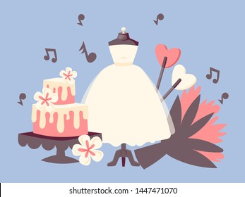 Wedding Day invitation set with wedding cake, bouquet of flowers, notes of music and white dress banner vector illustration. Mannequin with clothing for bride. Wedding accessories.