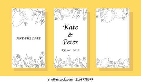 Invitación del día de la boda. Conjunto de plantillas vectoriales. Vector dibujado a mano en estilo de contorno. 