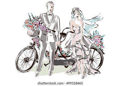 Wedding Day invitation with sweet couple near the tandem bicycle, vector illustration