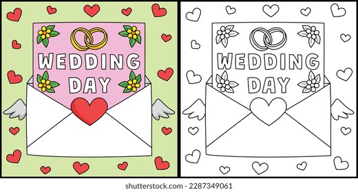  Ilustración de la página de coloreado de carta de día de boda