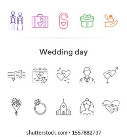 Wedding day line icons. Set of line icons. Bride and groom, wedding ring, suitcase. Wedding concept. Vector illustration can be used for topics like marriage, family, love