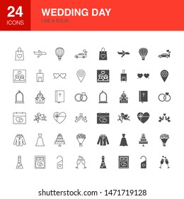 Wedding Day Line Web Glyph Icons. Vector Illustration of Love Outline and Solid Symbols. 