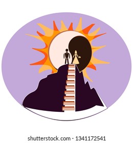 Wedding day logo. Couple of bride and groom silhouette under the sun. Emblem or decoration for invitations, greeting card or other marriage graphic design elements