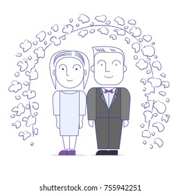 Wedding day. Man and woman on their wedding day. Cartoon character. Vector illustration.