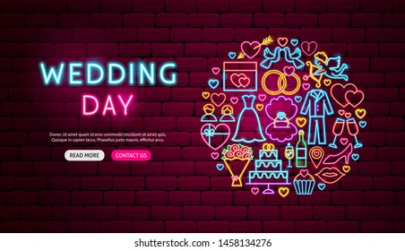 Wedding Day Neon Banner Design. Vector Illustration of Love Promotion.