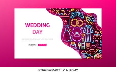 Wedding Day Neon Landing Page. Vector Illustration of Love Promotion.