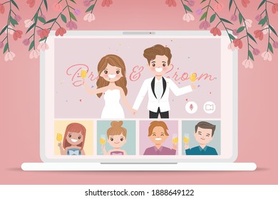 Wedding Day In New Normal Lifestyle With Conferencing Video Call. Cartoon Flat Vector Design.