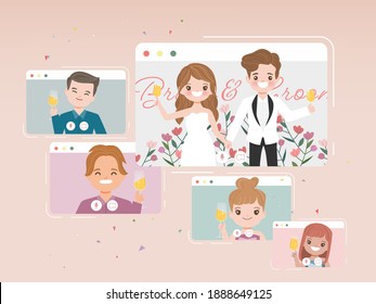 Wedding Day In New Normal Lifestyle With Conferencing Video Call. Cartoon Flat Vector Design.