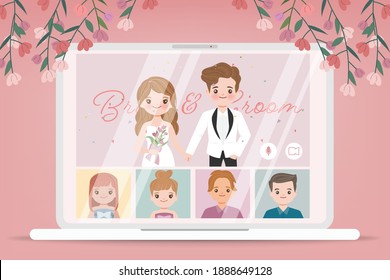 Wedding Day In New Normal Lifestyle With Conferencing Video Call. Cartoon Flat Vector Design.