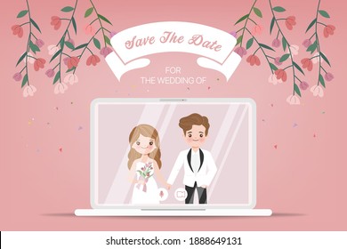 Wedding Day In New Normal Lifestyle With Conferencing Video Call. Cartoon Flat Vector Design.