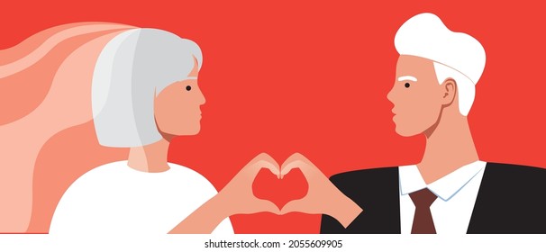 Hochzeitstag des alten Paares. Flache Vektorgrafik. Ältere Neugeborene halten die Hände mit dem Herzen. Ehemann und Ehefrau. Vorlage für eine Hochzeitseinladung. Vektorgrafik
