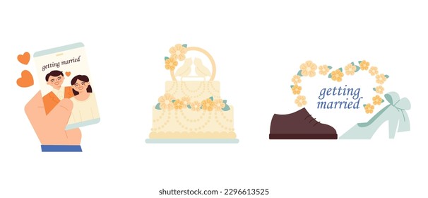 Wedding day. Photo card, wedding cake, wedding shoes and flowers.