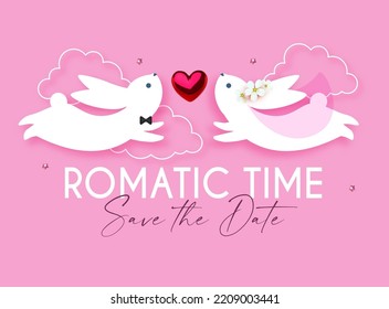 Hochzeitstag und das Datumsdesign speichern. Herzlichen Glückwunsch Valentins Tag Gratulationskarte Vorlage mit süßen Kaninchen in Liebe. Ausdruck zarter Gefühle