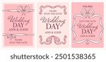 Wedding day or save-the-date cards with hand drawn bows and ribbons, Pastel pink shades, conveying elegance and romance. Coquette core vibe frames for copy space. Lovely sweet vector templates