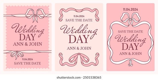 Wedding day or save-the-date cards with hand drawn bows and ribbons, Pastel pink shades, conveying elegance and romance. Coquette core vibe frames for copy space. Lovely sweet vector templates