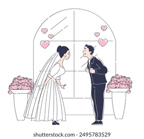 Wedding day scene. Man in suit and woman in white dress look at each other. Loving bride and groom. Husband and wife at marriage ceremony. Linear vector illustration isolated on white background