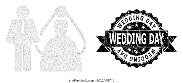 Wedding Day scratched seal print and vector bride and groom mesh model. Black stamp contains Wedding Day title inside ribbon and rosette. Abstract flat mesh bride and groom, created from flat mesh.