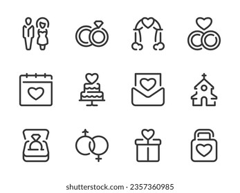 Wedding day and Solemn event vector line icons. Marriage and Engagement outline icon set.