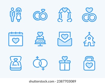 Wedding day and Solemn event vector line icons. Marriage and Engagement outline icon set. Newlyweds, Proposal, Cake, Wedding Rings, Gifts, Wedding Arbour and more.