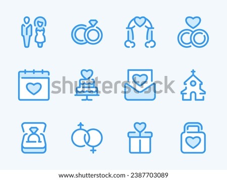 Wedding day and Solemn event vector line icons. Marriage and Engagement outline icon set. Newlyweds, Proposal, Cake, Wedding Rings, Gifts, Wedding Arbour and more.