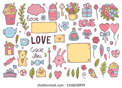 Wedding day theme doodle set. Traditional romantic symbols heart shapes, arrows, gift box, desserts, doves, swans, restaurant table, champagne love letters Freehand vector drawing