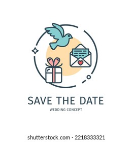 Wedding Day Thin Line Icon Save The Data Concept Include of Present Box, Dove and Envelope. Vector illustration
