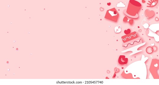 Wedding day. Wedding timeline. Church, I do, Toast. Dance. Happe Valentine s day. Happy holidays and honeymoon in paper cut style. Space for text. Pink color