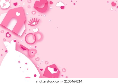 Wedding day. Wedding timeline. Church, I do, Toast. Dance. Happe Valentine s day. Happy holidays and honeymoon in paper cut style. Space for text. Pink color