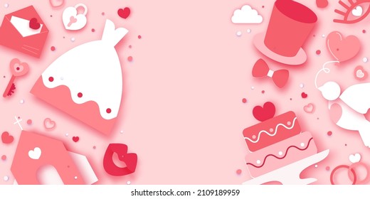 Wedding day. Wedding timeline. Church, I do, Toast. Dance. Happy Valentine's day. Happy holidays and honeymoon in paper cut style. Space for text. Pink color