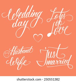 Wedding day typography elements on red background vector illustration.