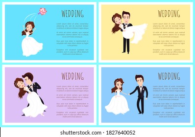 Wedding day vector, bride dancing with groom newlywed couple in love, poster with text info. Man and woman cuddling, female throwing bouquet tradition