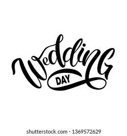 Wedding Day vector lettering text on white background. Hand-written Decorative Design Words in Curly Fonts. Great design for a greeting card or a print, romantic style - Vector