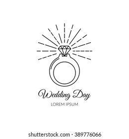 Wedding day vector logo concept made in line style. Shining wedding ring illustration.