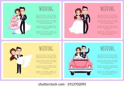 Wedding day vector, man and woman on car, honeymoon bride and groom with happy faces, married couple standing by cake dessert baked on holiday set