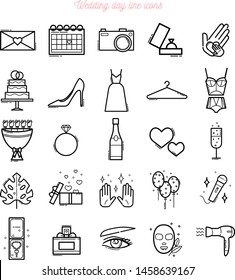 Wedding day vector set line icons. Wedding preparations. Suitable for a wedding agency or salon. Wedding portal or mobile app. Specialists, organizers.