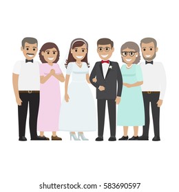 Wedding day web banner of newlyweds couple and their parents. Beautiful young newly-married groom and bride with mother and father. Love people and wedding. Engagement ceremony vector illustration