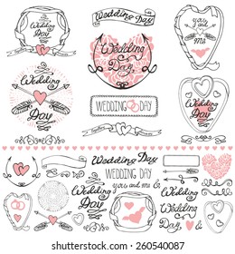 Wedding day,love,romantic decor elements set.Ribbon,swirls,arrows,headline for logo,emblems,card. Doodle hand drawing Vintage vector,retro.Cute invitation maker