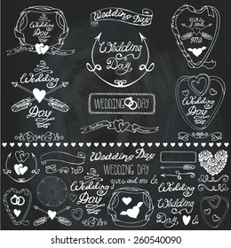 Wedding day,love,romantic decor elements set.Ribbon,swirls,arrows,headline for logo,emblems,card. Doodle hand drawing Vintage vector,retro.Cute invitation maker,Chalkboard background