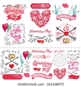 Wedding day,love,romantic decor elements set.Ribbon,swirls,arrows,headline for logo,emblems,card. Doodle hand drawing Vintage vector,retro.Cute invitation maker