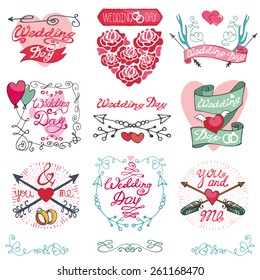 Wedding day,love,romantic invitations cards collection.Labels,ribbon,swirls,arrows,headline. Doodle hand drawing decor set.Vintage vector,retro.Cute Emblems 