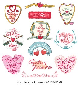 Wedding day,love,romantic invitations cards collection.Labels,ribbon,swirls,arrows,headline. Doodle hand drawing decor set.Vintage vector,retro.Cute Emblems 